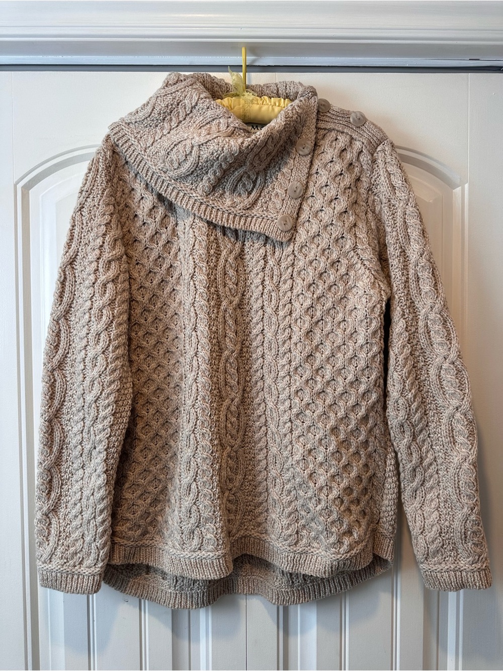 Cable-Knit Merino Wool Button-Shoulder Sweater in Beige
